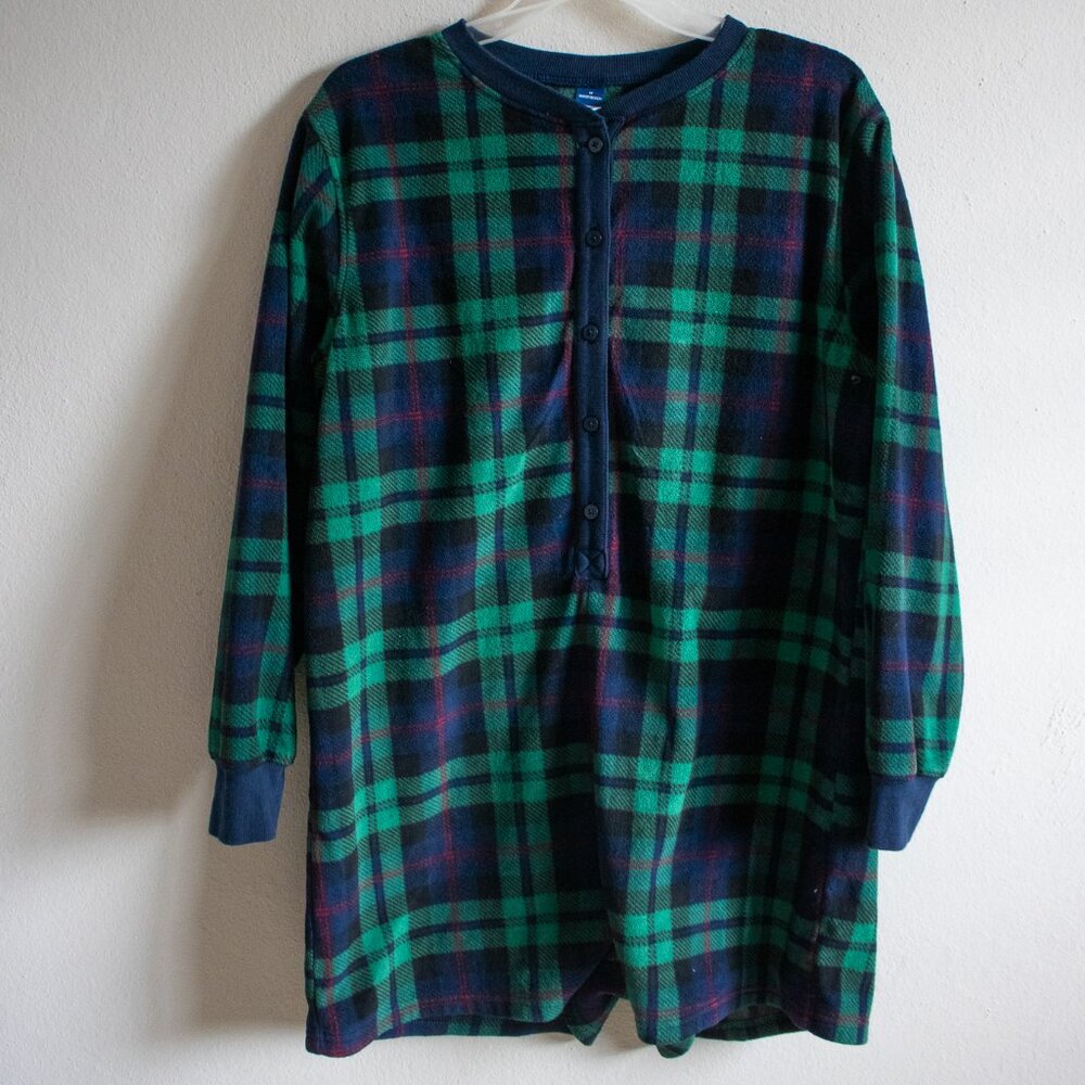 Old Navy Fleece Henley Pajama Romper – Green & Blue Plaid, Size M